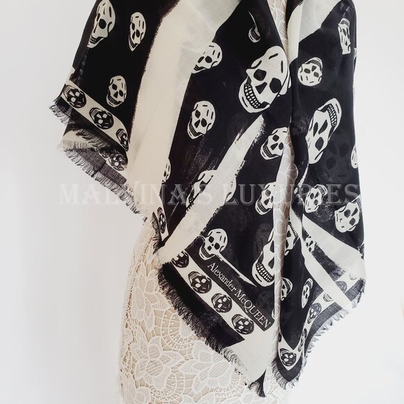ALEXANDER MCQUEEN SCARF SLASHED SKULL PRINT BLACK WOOL FRINGE UNISEX - Picture 8 of 16